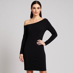 Norma Kamali Off Shoulder Cocktail Preppy Casual Midi Long Sleeve Dress Black S